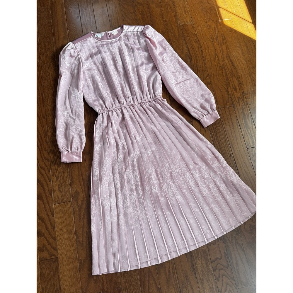 💙Vintage "In the Mood" Women Sz 12 Pink Pleated Floral Dress Cottage‎ (No Belt)